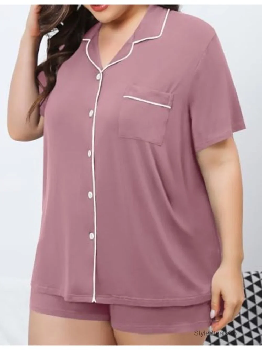 Plus Size Pajama Set Button Down Short Sleeve Sleepwear Lounge Set With Pocket